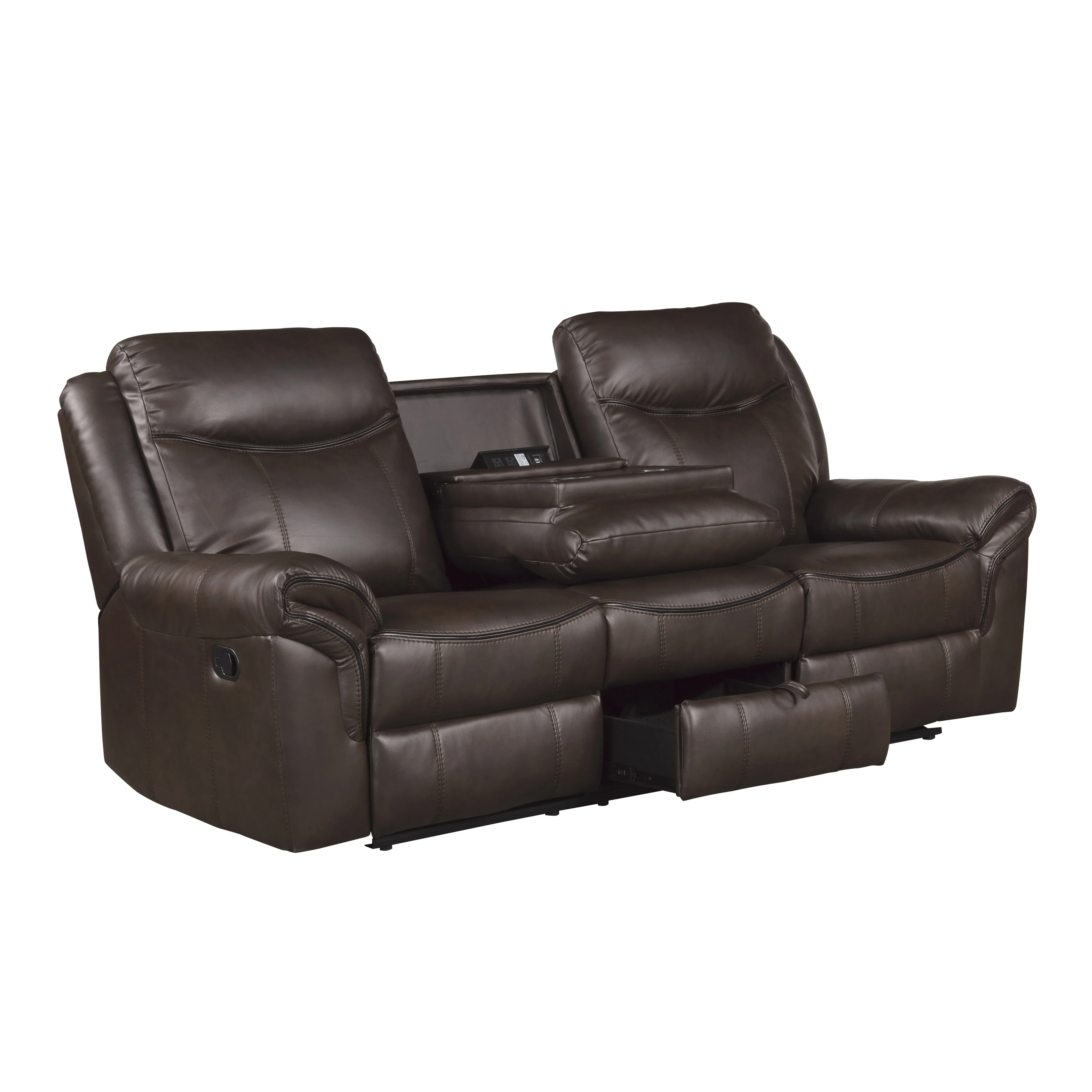Aram Double Reclining Sofa with Center Drop-Down Cup Holders, Receptacles, Hidden Drawer and USB Ports in Brown - 8206BRW-3 - Image 5