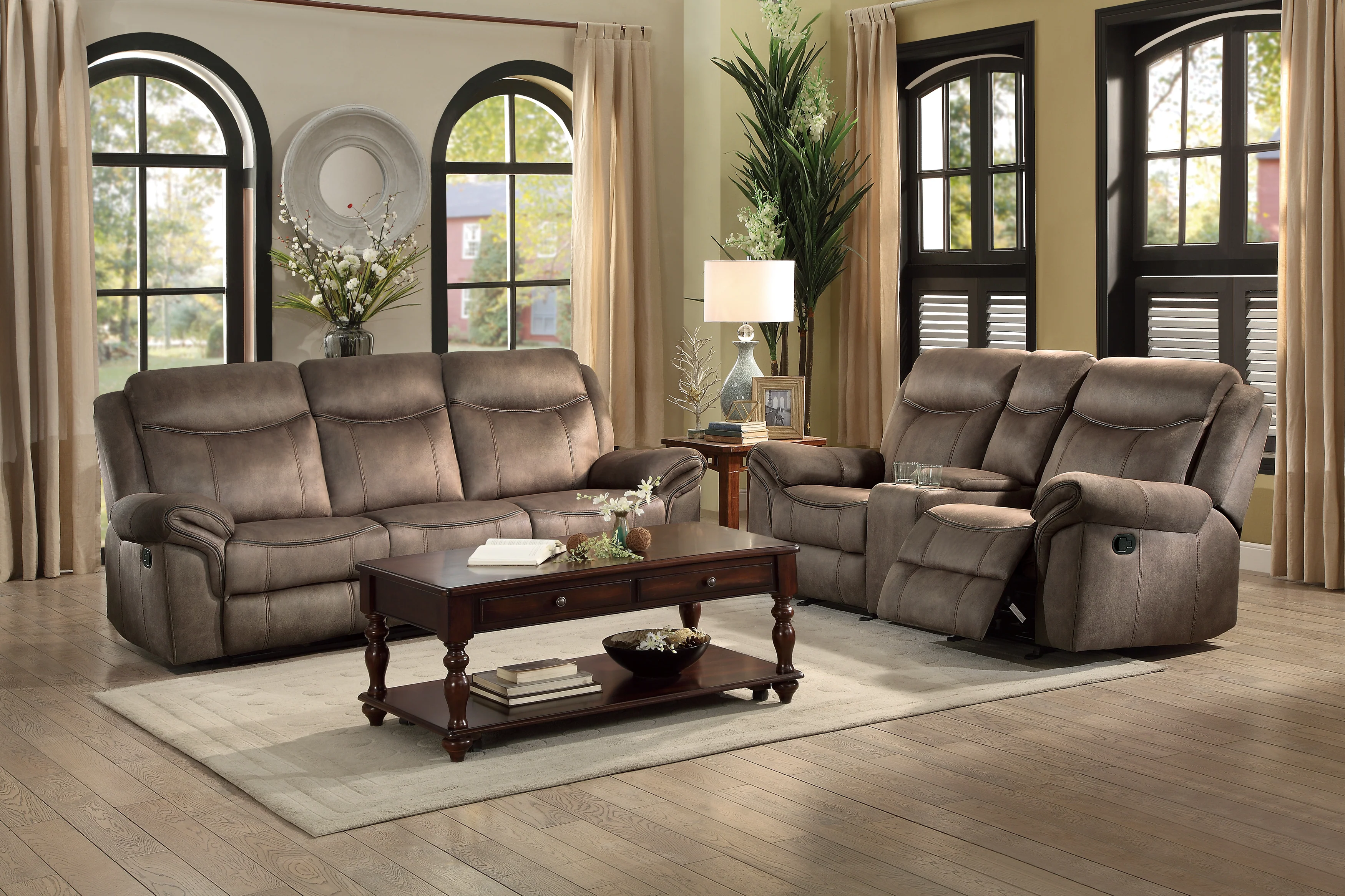 Aram Double Reclining Sofa with Center Drop-Down Cup Holders, Receptacles, Hidden Drawer and USB Ports in Brown - 8206NF-3 - Image 5