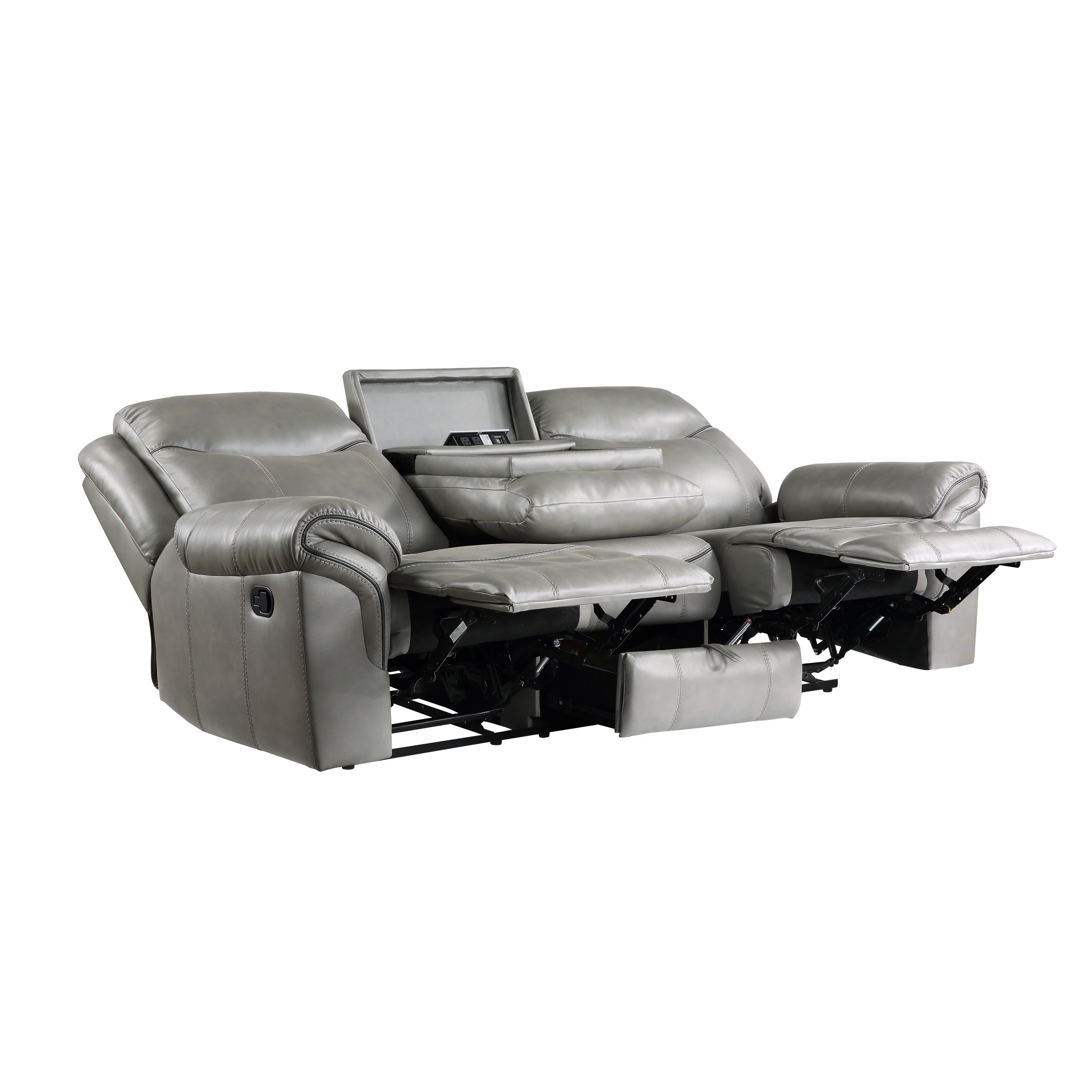 Aram Double Reclining Sofa with Center Drop-Down Cup Holders, Receptacles, Hidden Drawer and USB Ports in Gray - 8206GRY-3 - Image 4