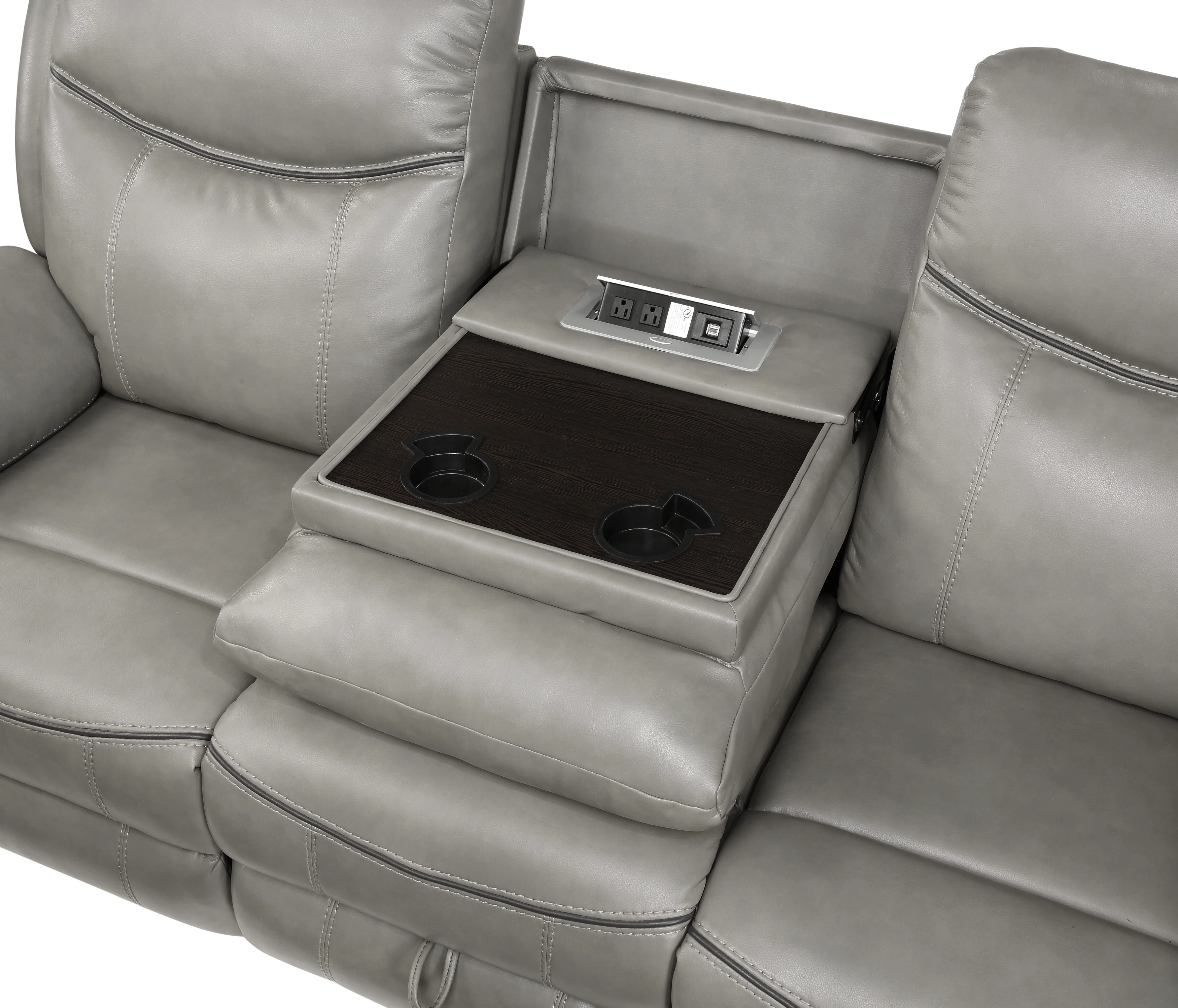 Aram Double Reclining Sofa with Center Drop-Down Cup Holders, Receptacles, Hidden Drawer and USB Ports in Gray - 8206GRY-3 - Image 5