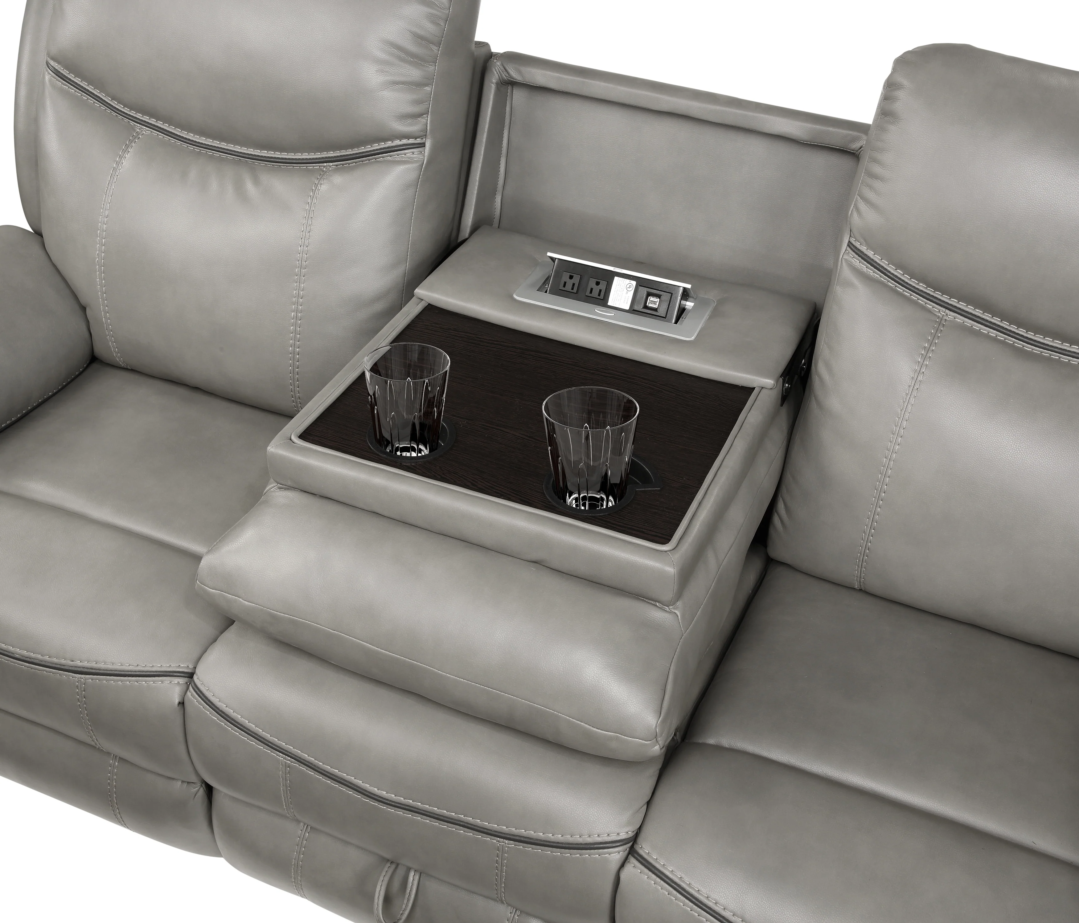 Aram Double Reclining Sofa with Center Drop-Down Cup Holders, Receptacles, Hidden Drawer and USB Ports in Gray - 8206GRY-3 - Image 6
