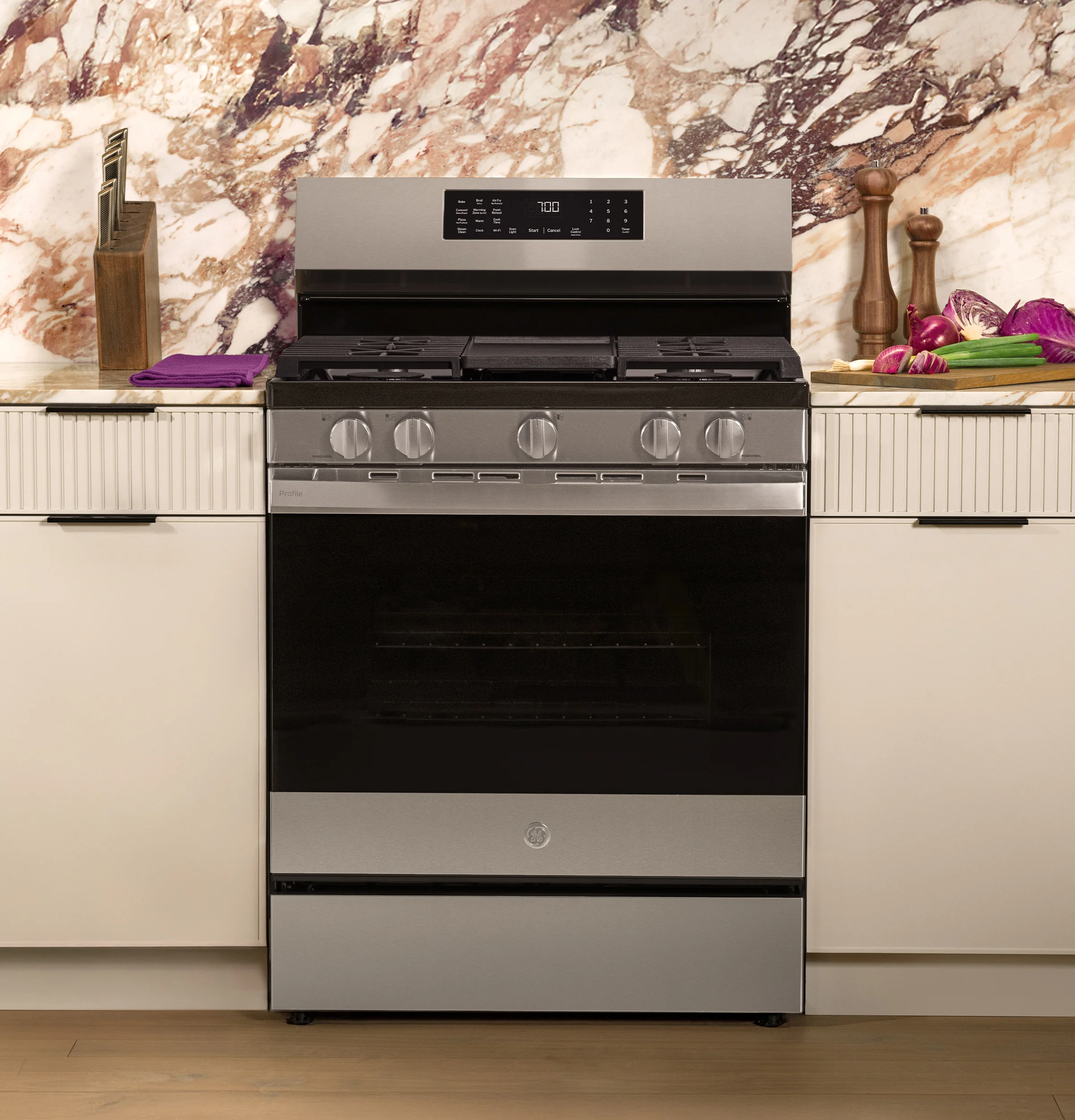 GE Profile™ 30” Smart Free-Standing Gas Convection Range with No Preheat Air Fry and EasyWash™ Oven Tray PGF700AYFS - Image 11