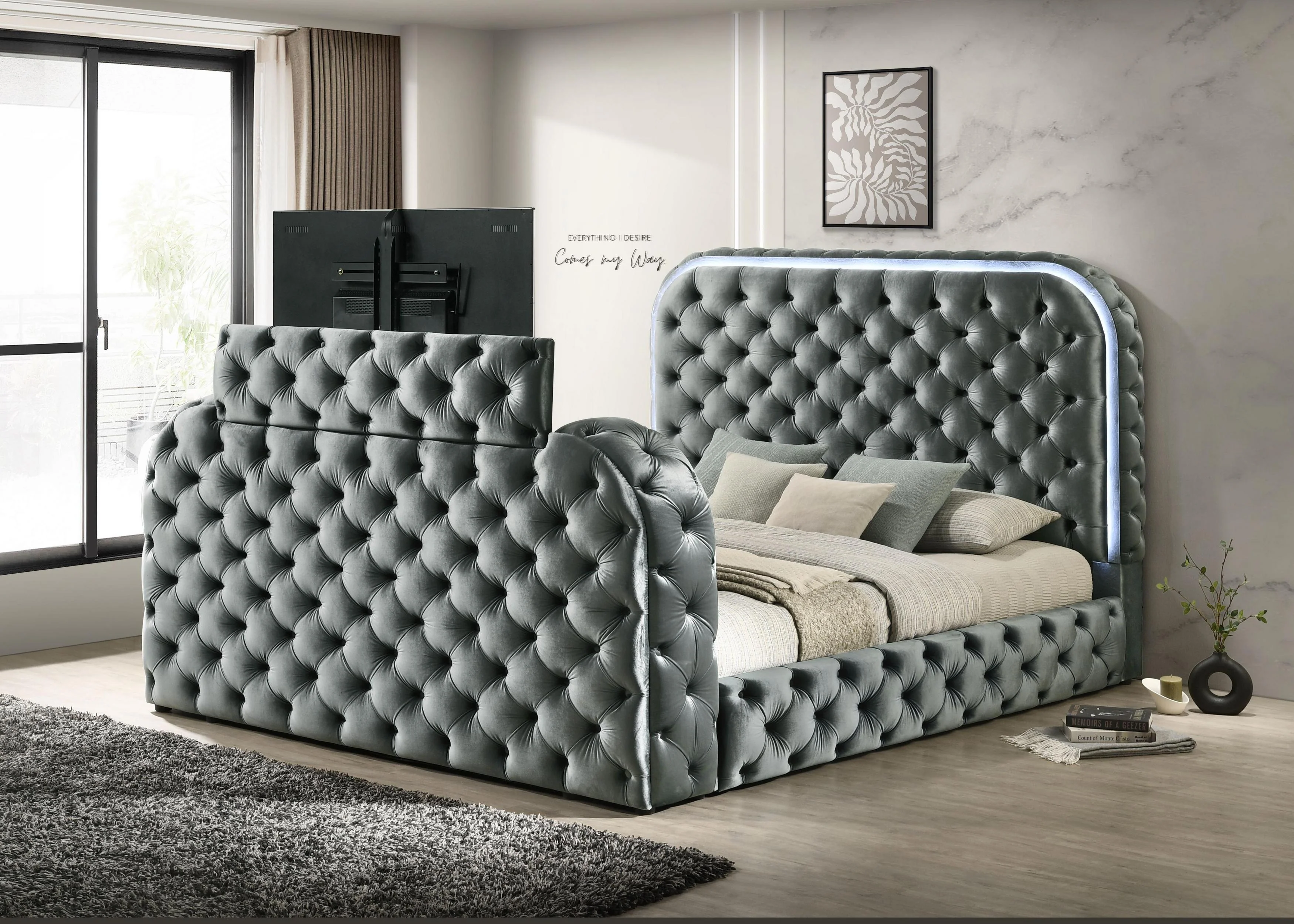 Kana Queen Bed w/LED, Fireplace & TV Stand - Image 8
