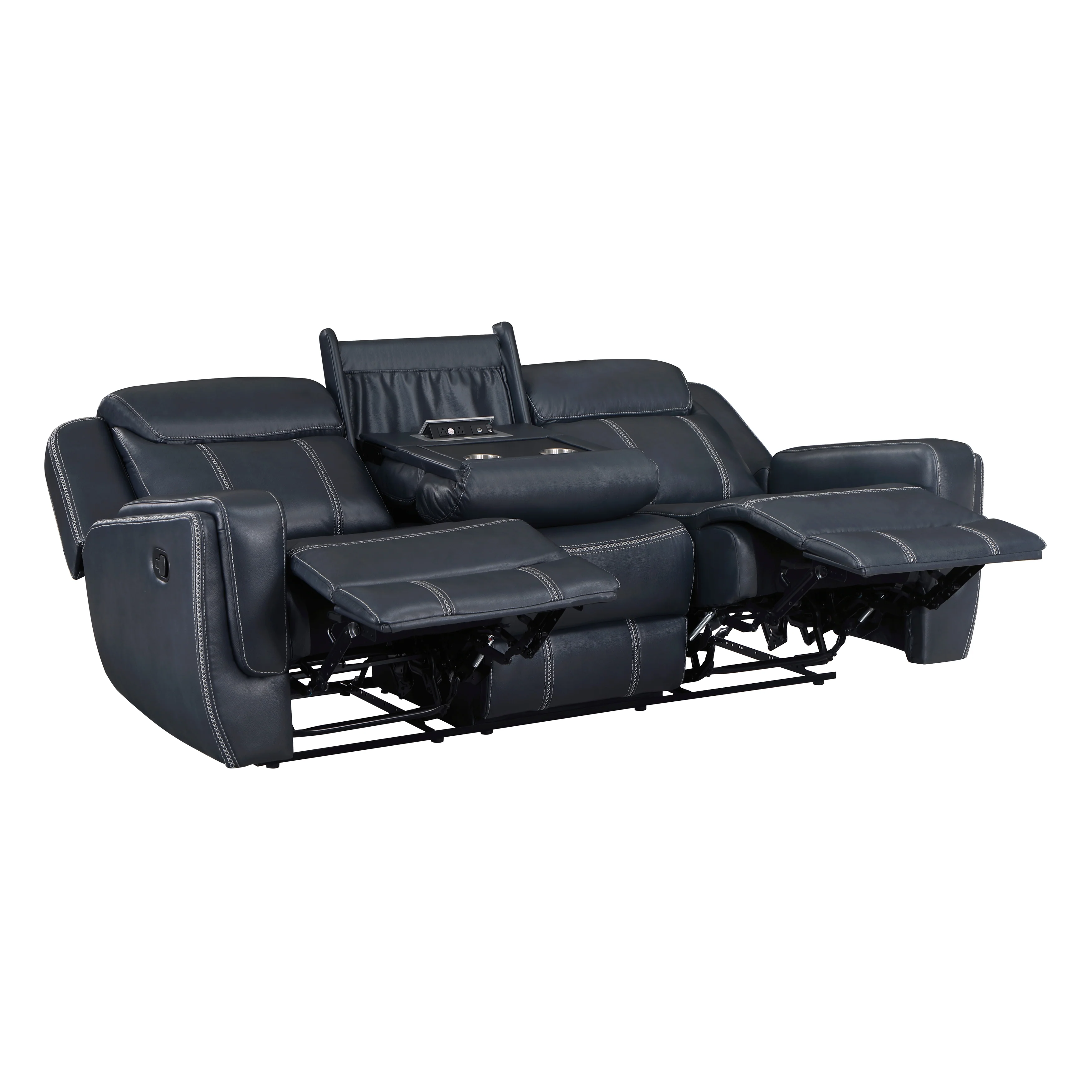 Littleton Double Reclining Sofa with Center Drop-Down Cup Holders,Storage Pouch, Receptacles and USB Ports in Blue - 8516BU-3 - Image 5