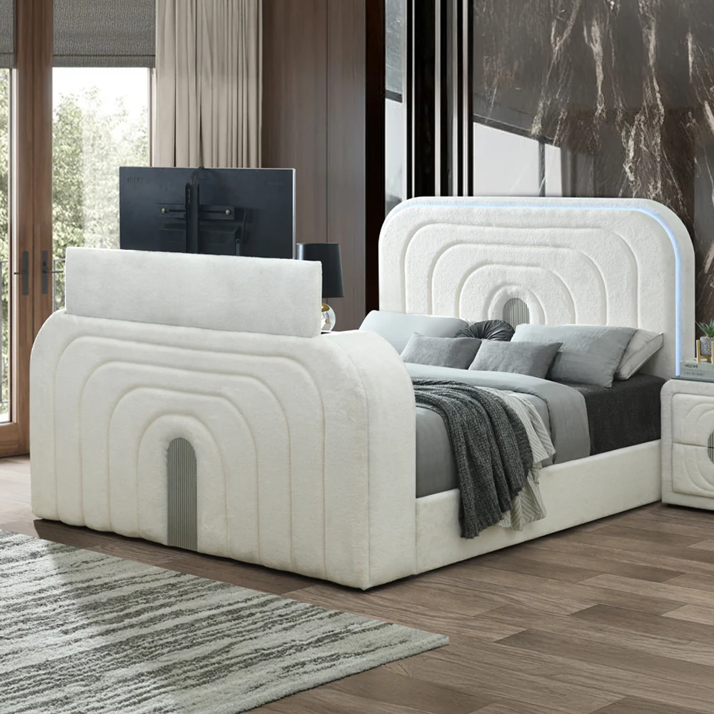 Shelyn Queen Bed w/LED, TV Cabinet, Fireplace & Bluetooth